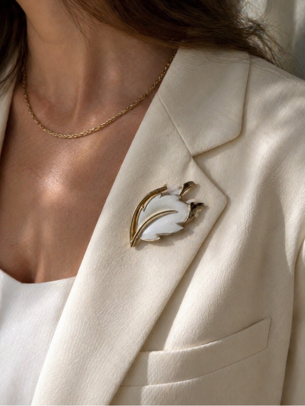 Vintage Trifari White Enamel Leaf Brooch Gold Tone Signed 2” Classic Pin